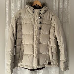 Sorel Down Puffer Jacket Women’s XL Beige Faux Fur Hood Quilted Winter Coat